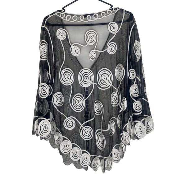 vintage Vivid Importers Button Up Top XL Black Sheer Swirl Embroidery Elegant Ev - Picture 7 of 8
